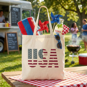 USA in Red White and Blue American Flag Patriotic Tote Bag