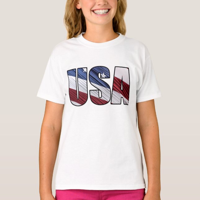 USA in Red White and Blue American Patriotic Flag T-Shirt (Front)