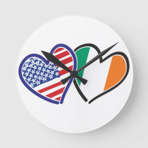 USA Ireland Heart Flags Round Clock