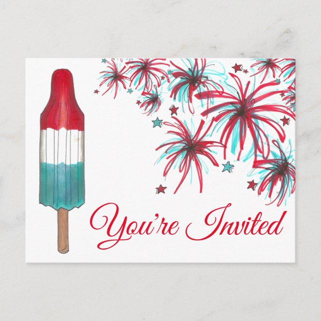 USA July 4th Party Fireworks Rocket Pop Invitation Postcard (Front)