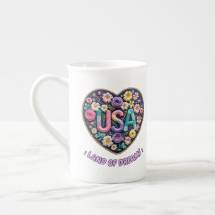 USA Land of Dreams Floral 3D Embroidery Art Bone China Mug
