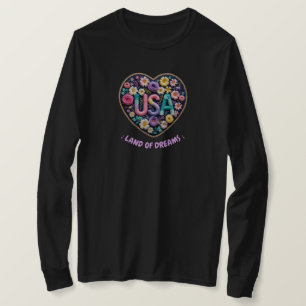 USA Land of Dreams Floral 3D Embroidery Art T-Shirt