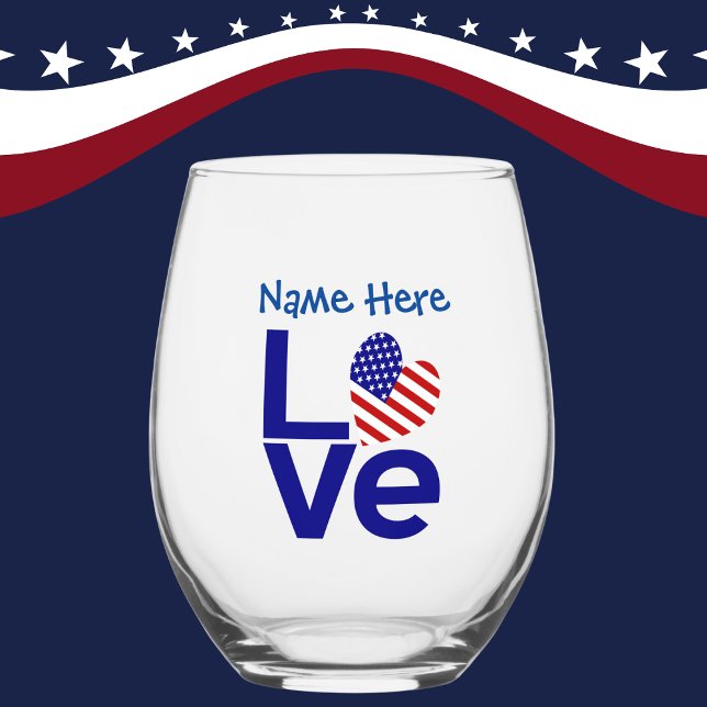USA LOVE Blue Personalised Stemless Wine Glass (Creator Uploaded)