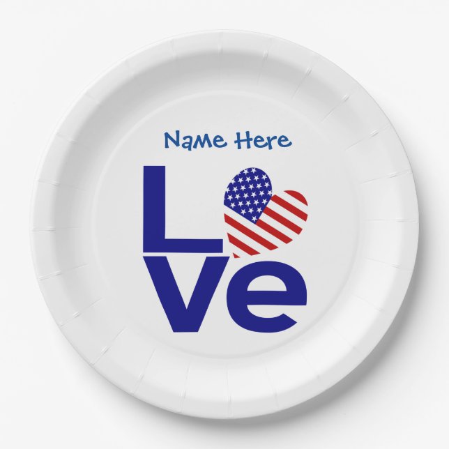 USA Love Flag in Blue Personalised Party Paper Plate (Front)