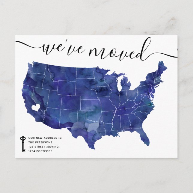 USA Map heart navy blue moving announcement Postcard (Front)