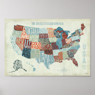 USA Map with States in Words Poster