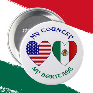 USA Mexico Flag Hearts My Country My Heritage  7.5 Cm Round Badge