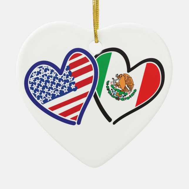 USA Mexico Heart Flags Ceramic Tree Decoration (Front)
