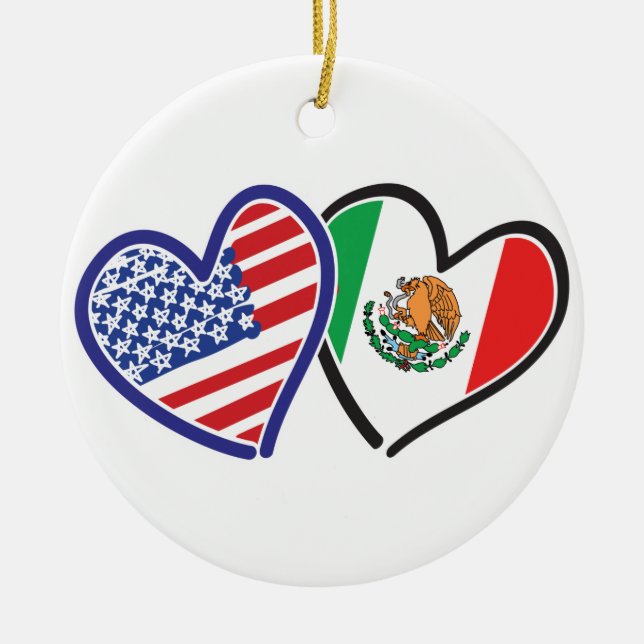 USA Mexico Heart Flags Ceramic Tree Decoration (Front)