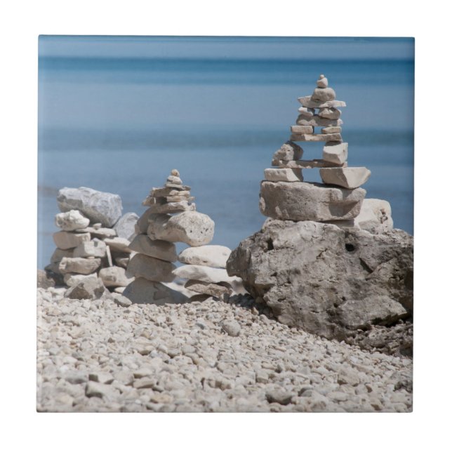 USA, Michigan. Stone Towers On The Beach Tile (Front)