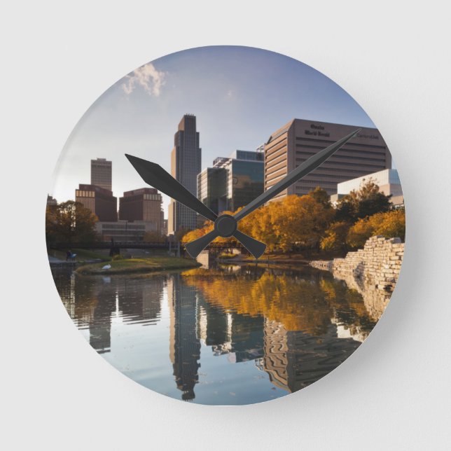 USA, Nebraska, Omaha, Gene Leahy Mall, Skyline Round Clock (Front)