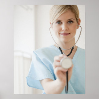 USA, New Jersey, Jersey City, Young nurse with Poster