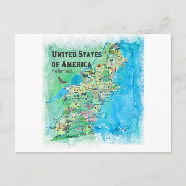 USA Northeast States Map Postvard - New England Postcard (Front)