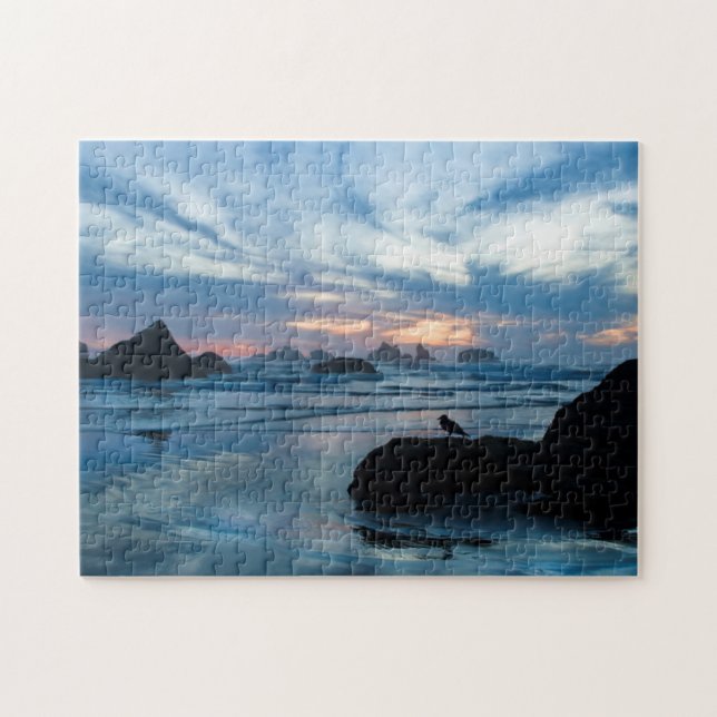 USA, Oregon, Bandon Beach. Seagull on rock Jigsaw Puzzle (Horizontal)
