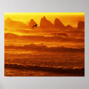 USA, Oregon, Bandon. Sunset over waves and sea Poster