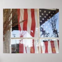 USA, Oregon, Shaniko. Flag in window next to