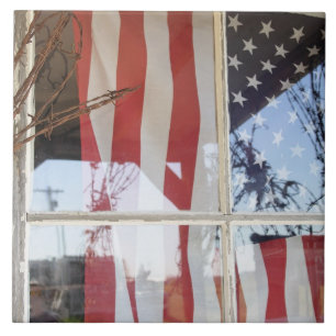 USA, Oregon, Shaniko. Flag in window next to Tile