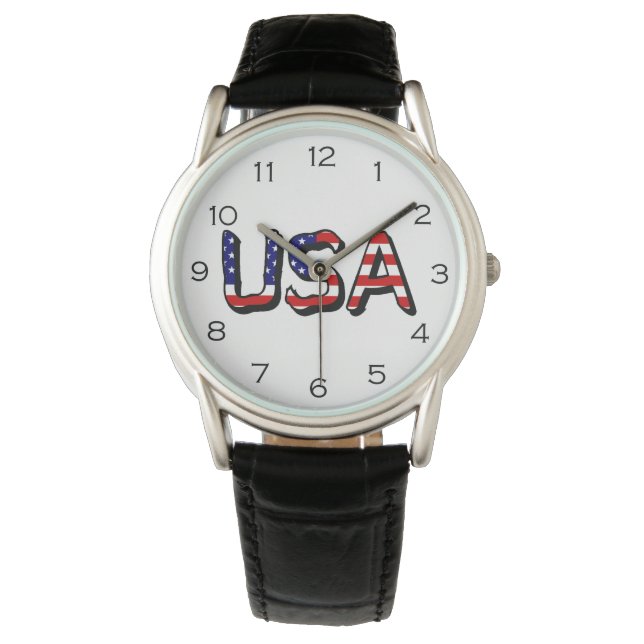 USA overlaid on US Flag Black Numbers wacnt Watch (Front)