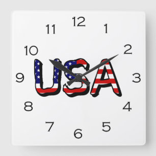 USA overlaid on US Flag Black Numbers wccn Square Wall Clock