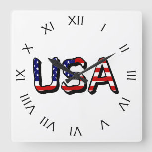 USA overlaid on US Flag Black Roman Numbers wccn Square Wall Clock