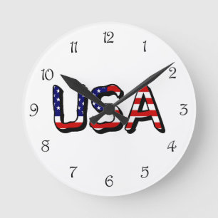 USA overlaid on US Flag Black Script Numbers wccn Round Clock