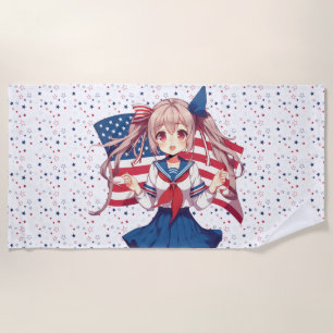 USA patriotic anime girl Beach Towel