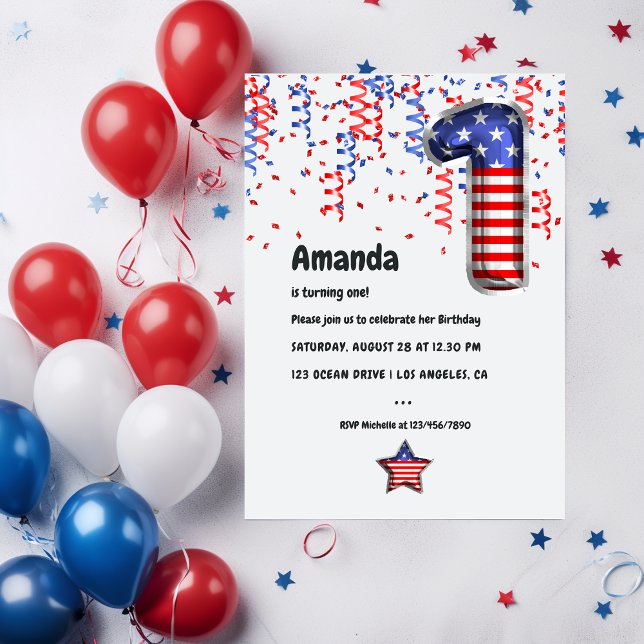 USA Patriotic Balloon 1st Birthday Invitation (Creator Uploaded)