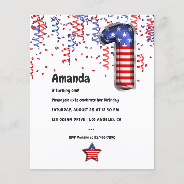 USA Patriotic Balloon 1st Birthday Invitation Flyer (Front)