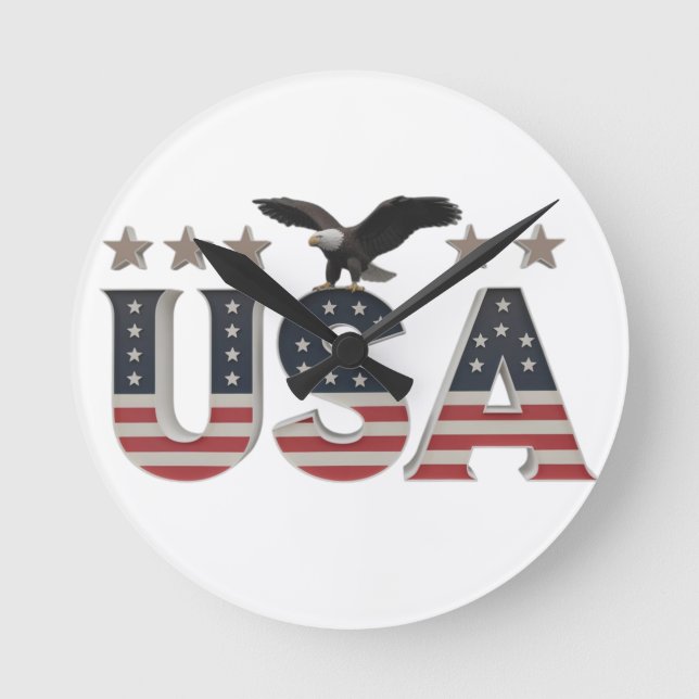USA Patriotic Eagle + Stars Flag Design for Pride Round Clock (Front)
