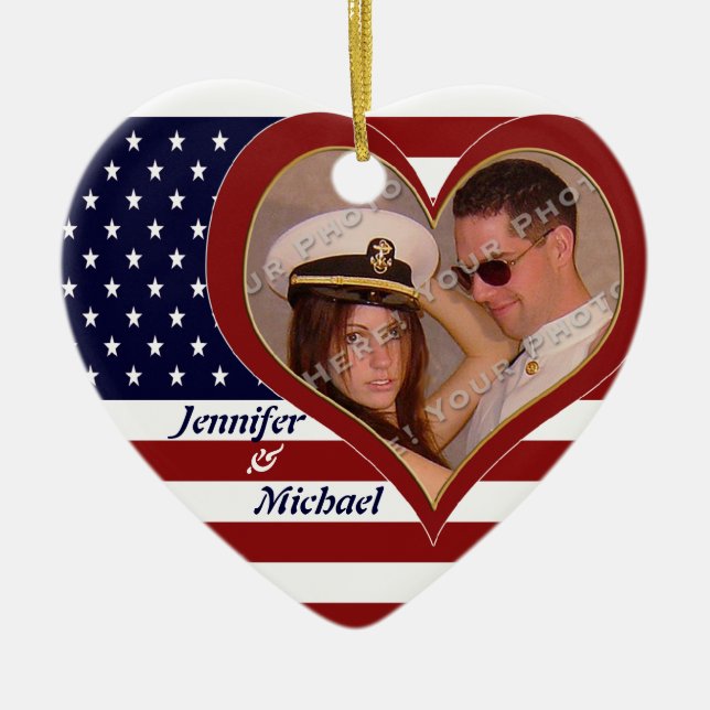 USA Patriotic Flag Heart Your Photo Ornamenent Ceramic Tree Decoration (Front)