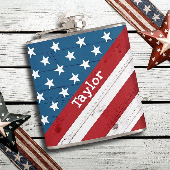 USA Patriotic July 4th Rustic Wood American Flag Hip Flask (Creator Uploaded)