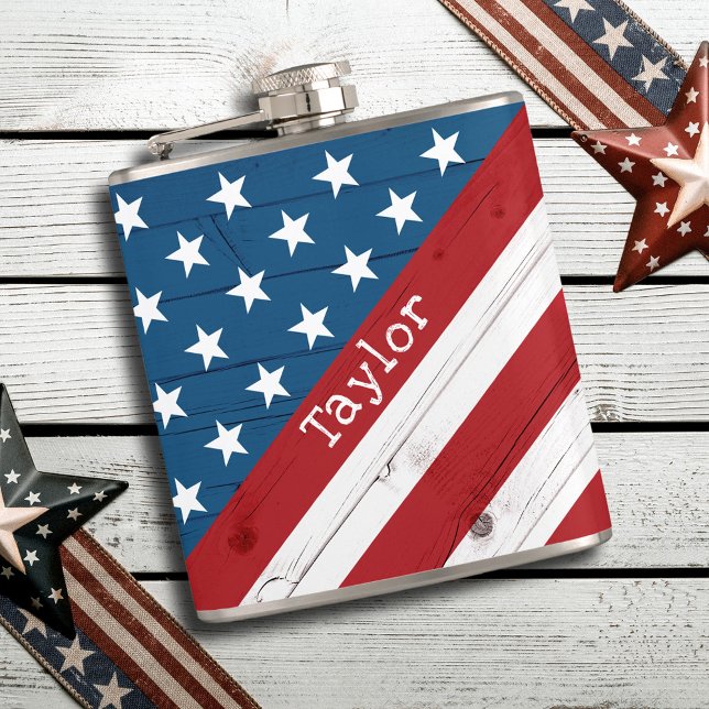 USA Patriotic July 4th Rustic Wood American Flag Hip Flask (Creator Uploaded)
