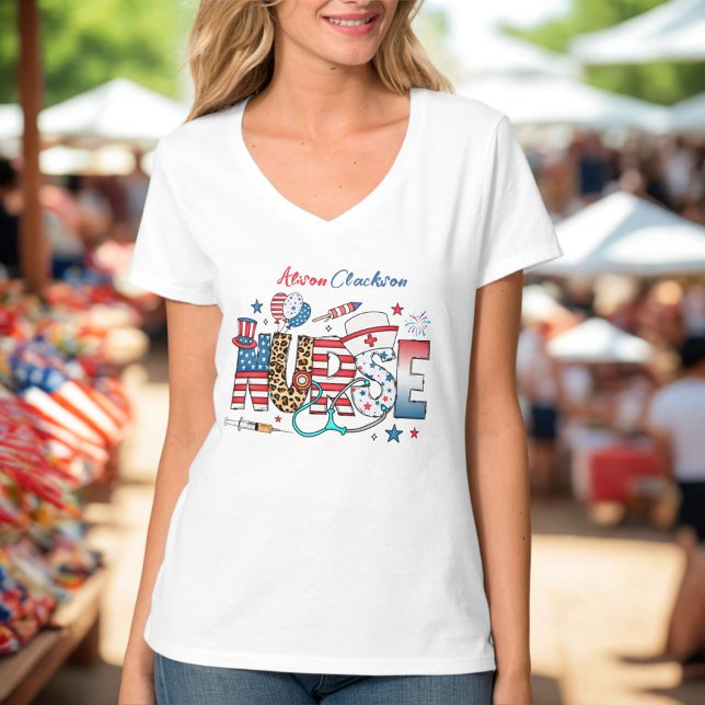USA Patriotic Nurse 4th of July Icons Names T-Shirt (Creator Uploaded)
