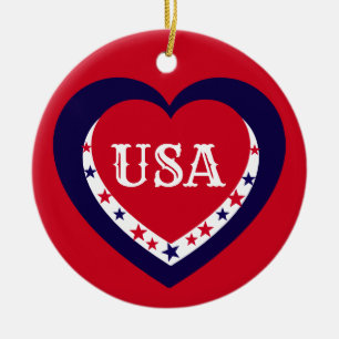 USA Patriotic Red White Blue Heart Christmas Ceramic Tree Decoration