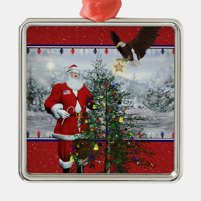 USA Patriotic Santa Silver Framed Square Ornament (Front)