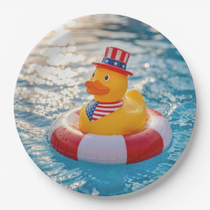 USA Patriotic Yellow Rubber Duck in Pool Paper Plate