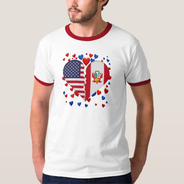 USA Peru Split Heart Flag Peruvian American Roots T-Shirt (Front)