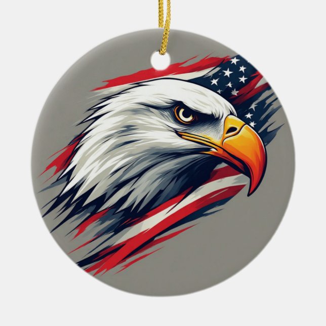 USA Pride Gift – Bald Eagle with American Flag Ceramic Tree Decoration (Front)