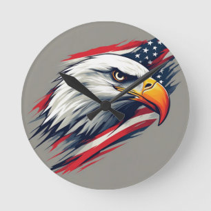 USA Pride Gift – Bald Eagle with American Flag Round Clock