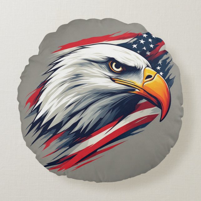 USA Pride Gift – Bald Eagle with American Flag Round Cushion (Front)