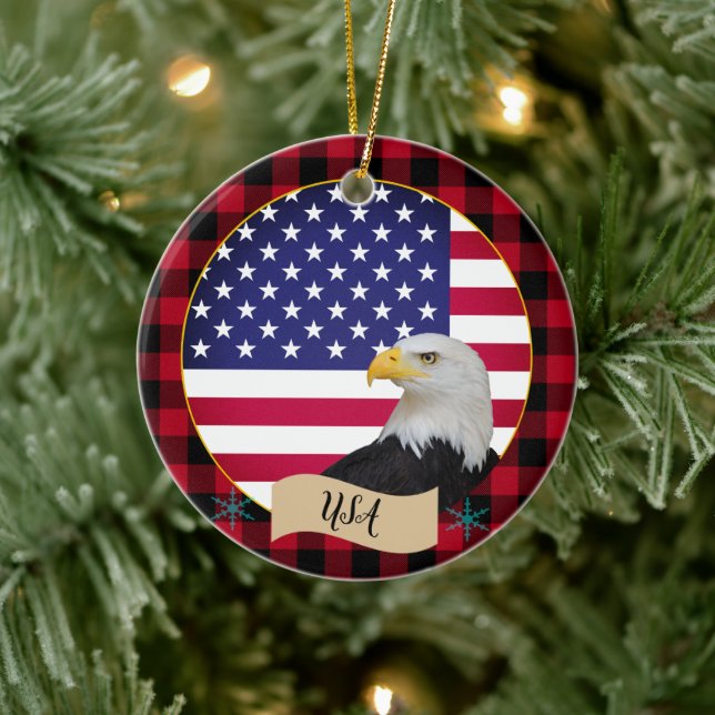 USA, Red buffalo plaid, Eagle & American Flag Ceramic Tree Decoration (Tree)
