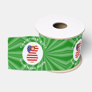 USA Red Hair Angel Christmas Flag Personalised  Grosgrain Ribbon