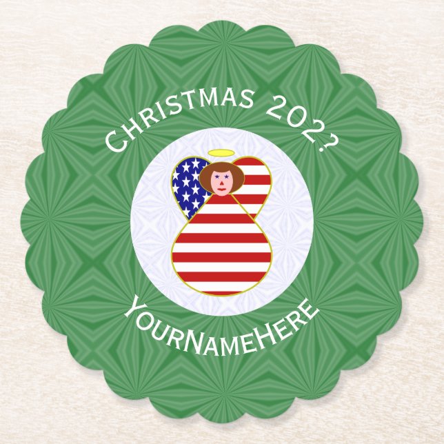 USA Red Hair Angel Christmas Flag Personalised  Paper Coaster (Front)