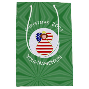 USA Red Haired Angel Christmas Flag Personalised Medium Gift Bag