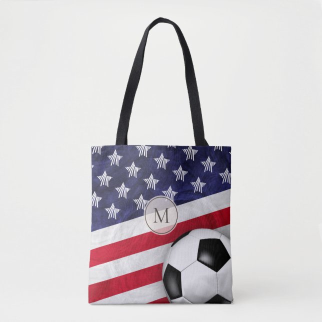 USA red white and blue American flag w soccer ball Tote Bag (Front)