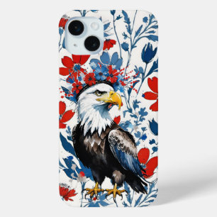 USA Red White and Blue Floral with Bald Eagle iPhone 15 Mini Case