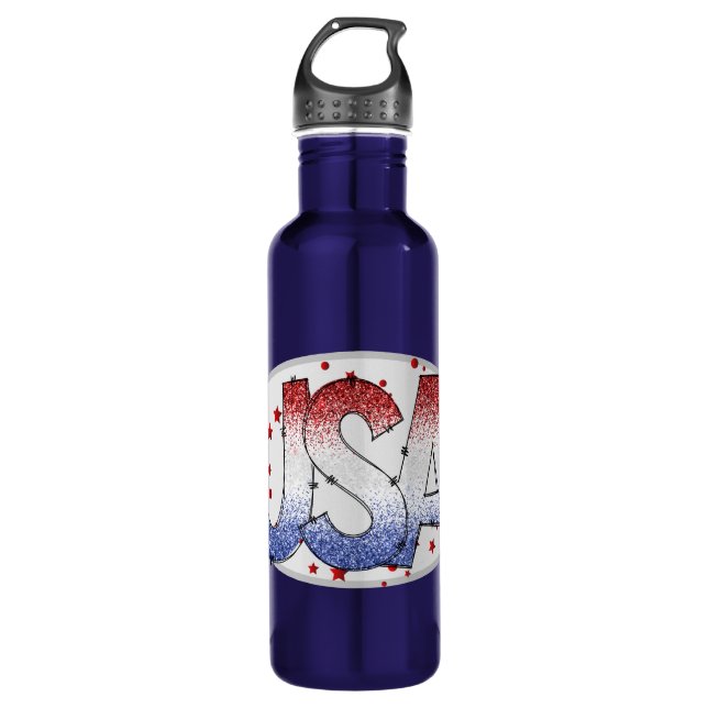 USA Shimmer and Stars Word Art  710 Ml Water Bottle (Front)