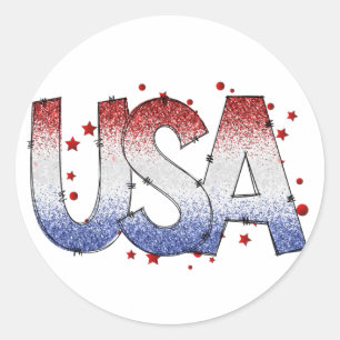 USA Shimmer and Stars Word Art   Classic Round Sticker