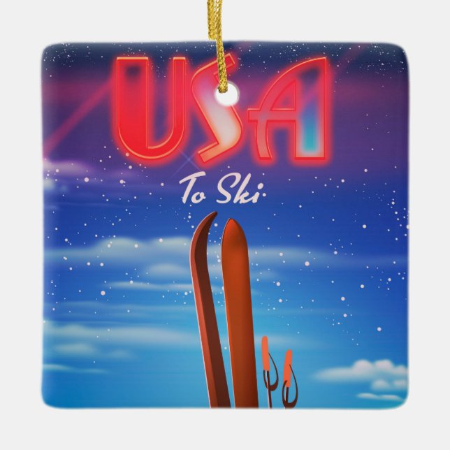 usa ski travel poster ceramic tree decoration (Front)