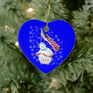 USA Snowman Christmas Keepsake Heart Ornament